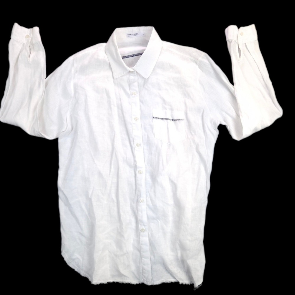STATESIDE Button Front‎ Linen Shirt Womens Large White Long Sleeve Raw Hem USA